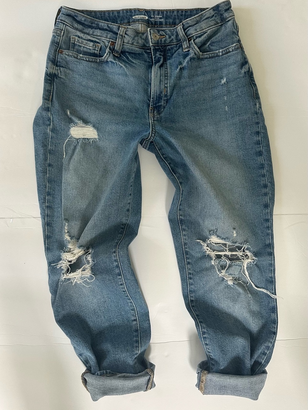 Old Navy OG Straight High Rise Jeans Size 10 Medium Blue Distressed Cotton EUC